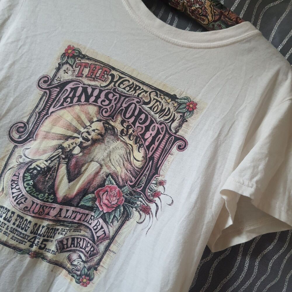 Janis Joplin LUCKY BRAND Retro Womens Shirt Size Large Art Nouveau Heart Stompin